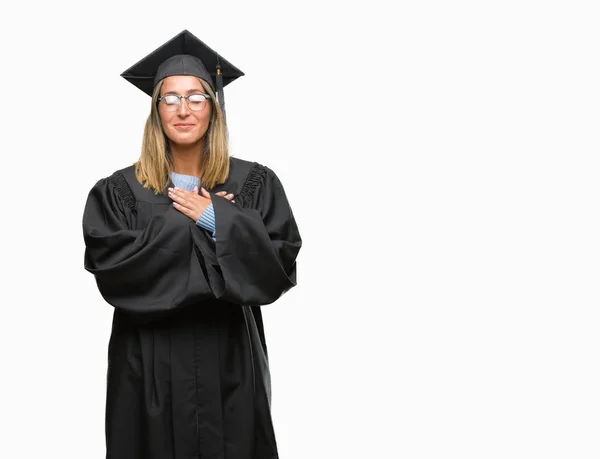 Giovane Bella Donna Indossa Uniforme Graduata Sfondo Isolato Sorridente Con — Foto Stock