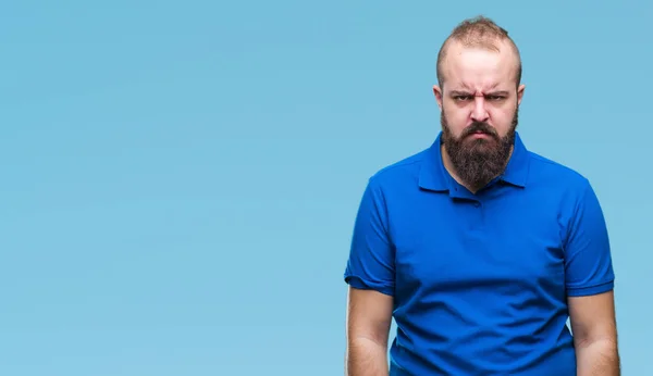 Mavi Gömlek Izole Arka Plan Şüpheci Sinir Papatyanın Üzgün Üzerinde — Stok fotoğraf