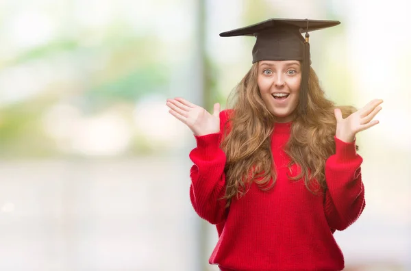 Young Blonde Woman Wearing Graduation Cap Very Happy Excited Winner — Stock Photo, Image