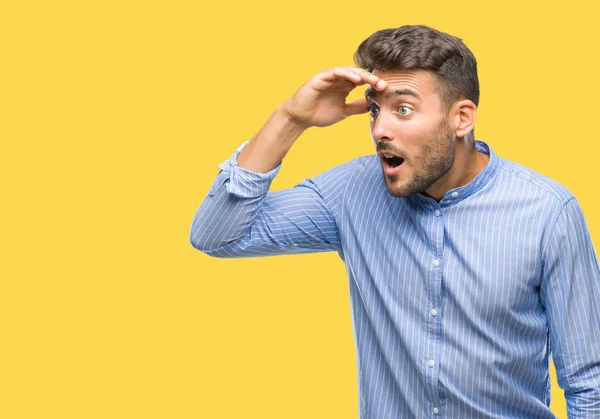 Joven Hombre Guapo Sobre Fondo Aislado Muy Feliz Sonriente Mirando —  Fotos de Stock