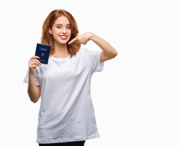 Joven Hermosa Mujer Sosteniendo Pasaporte Alemania Sobre Fondo Aislado Muy — Foto de Stock