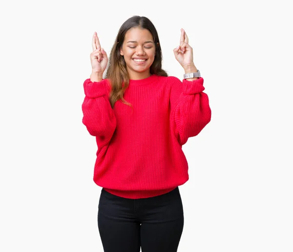 Junge Schöne Brünette Frau Rotem Winterpullover Über Isoliertem Hintergrund Lächelnd — Stockfoto