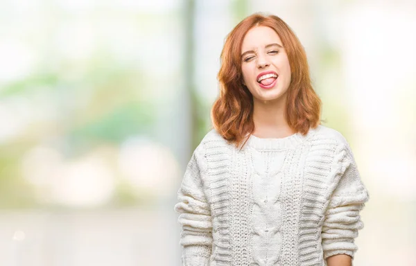 Joven Mujer Hermosa Sobre Fondo Aislado Usando Suéter Invierno Sacando —  Fotos de Stock