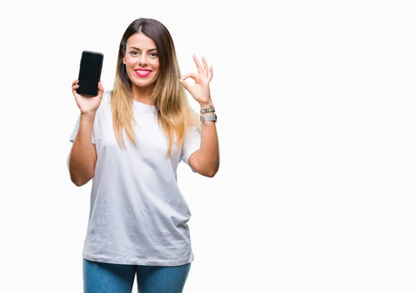 Mooie Jongedame Weergegeven Leeg Scherm Van Smartphone Geïsoleerde Achtergrond Doen — Stockfoto