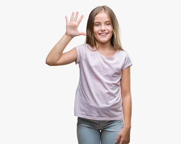 Young Beautiful Girl Isolated Background Showing Pointing Fingers Number Five — Stock Photo, Image