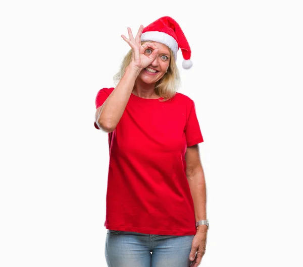 Donna Bionda Mezza Età Che Indossa Cappello Natale Sfondo Isolato — Foto Stock