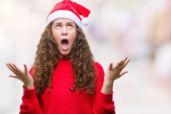 Young Brunette Girl Wearing Christmas Hat Isolated Background Crazy Mad — Stock Photo, Image