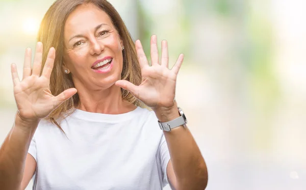 Middelbare Leeftijd Senior Latino Vrouw Geïsoleerde Achtergrond Weergeven Met Vingers — Stockfoto