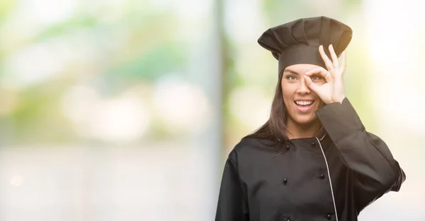 Young Hispanic Cook Woman Wearing Chef Uniform Happy Face Smiling — Stock Photo, Image