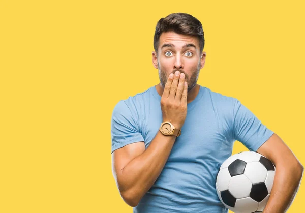 Joven Hombre Guapo Sosteniendo Pelota Fútbol Sobre Aislado Fondo Cubrir —  Fotos de Stock