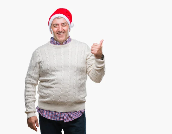 Bonito Homem Sênior Vestindo Chapéu Natal Sobre Fundo Isolado Sorrindo — Fotografia de Stock