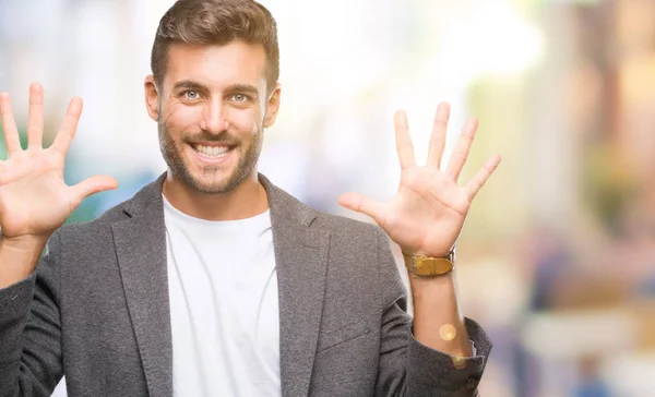 Joven Hombre Negocios Guapo Sobre Fondo Aislado Mostrando Apuntando Hacia —  Fotos de Stock