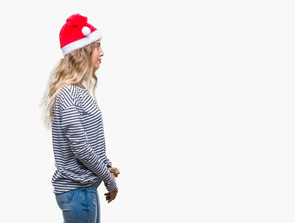 Mooie Jonge Blonde Vrouw Dragen Kerstmuts Geïsoleerde Achtergrond Zoek Naar — Stockfoto