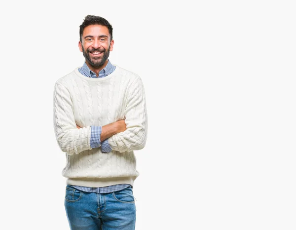 Ein Erwachsener Hispanischer Mann Winterpullover Vor Isoliertem Hintergrund Lächelt Glücklich — Stockfoto