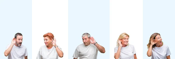 Csoport Középkorú Idősebb Emberek Visel Fehér Póló Felett Mosolygó Kézzel — Stock Fotó