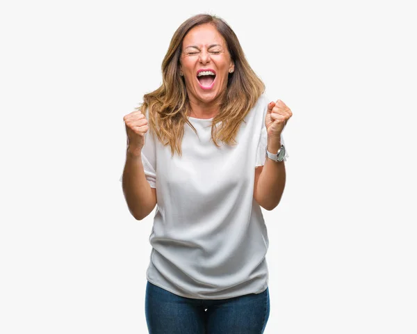 Mujer Hispana Mayor Mediana Edad Sobre Fondo Aislado Celebrando Sorprendida — Foto de Stock