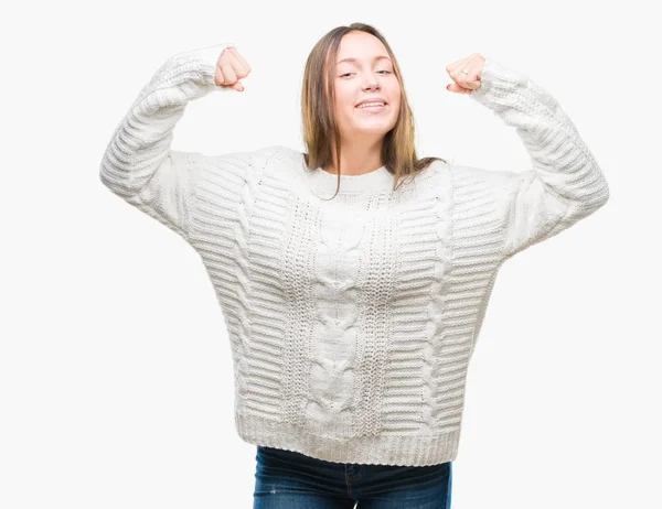 Giovane Bella Donna Caucasica Indossa Maglione Invernale Sfondo Isolato Mostrando — Foto Stock