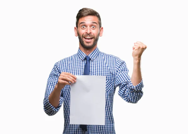 Young Handsome Man Holding Blank Paper Isolated Background Screaming Proud — Stock Photo, Image