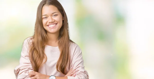 Ung Vacker Brunett Kvinna Klädd Rosa Tröja Över Isolerade Bakgrund — Stockfoto