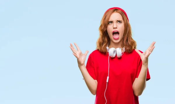 Junge Schöne Hipster Frau Über Isoliertem Hintergrund Mit Kopfhörern Und — Stockfoto