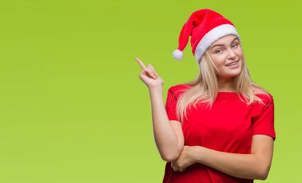 Giovane Donna Caucasica Indossa Cappello Natale Sfondo Isolato Con Grande — Foto Stock