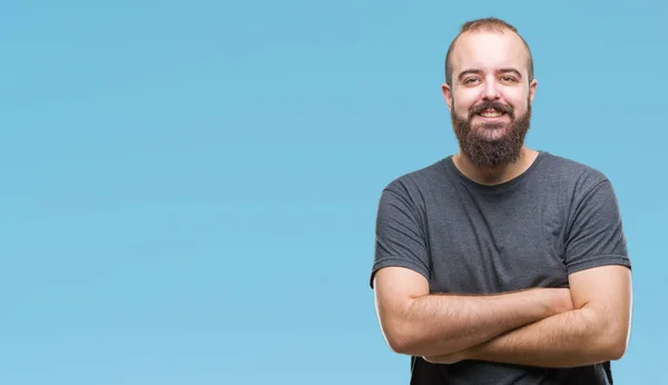 Homem Jovem Hipster Caucasiano Sobre Fundo Isolado Rosto Feliz Sorrindo — Fotografia de Stock