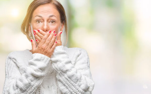 Medelåldern Senior Spansktalande Kvinna Iförd Vinter Tröja Över Isolerade Bakgrund — Stockfoto