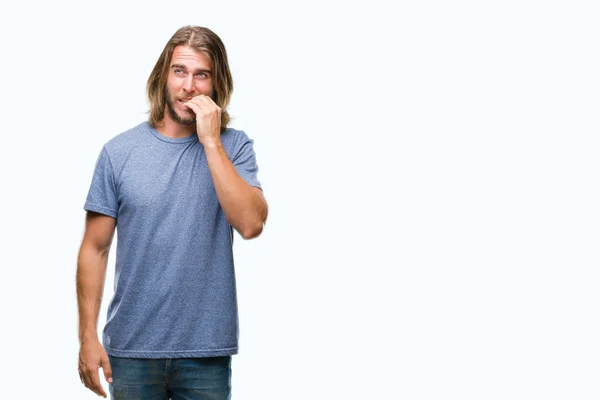 Young Handsome Man Long Hair Isolated Background Looking Stressed Nervous — Stock Photo, Image