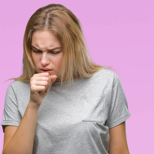 Duygu iyi ve soğuk veya bronşit için semptom olarak öksürük izole arka plan üzerinde beyaz kadın. Sağlık kavramı.