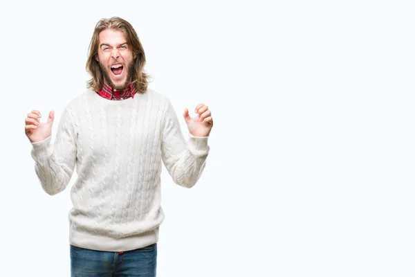 Joven Hombre Guapo Con Pelo Largo Usando Suéter Invierno Sobre —  Fotos de Stock