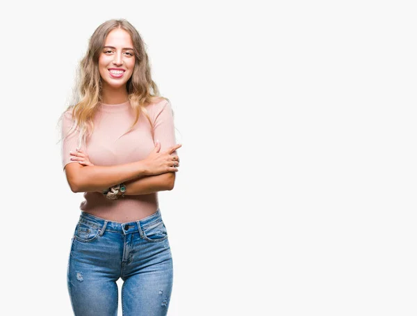 Linda Jovem Loira Sobre Fundo Isolado Rosto Feliz Sorrindo Com — Fotografia de Stock