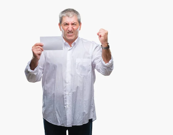 Handsome Senior Man Holding Blank Card Isolated Background Annoyed Frustrated — Stock Photo, Image