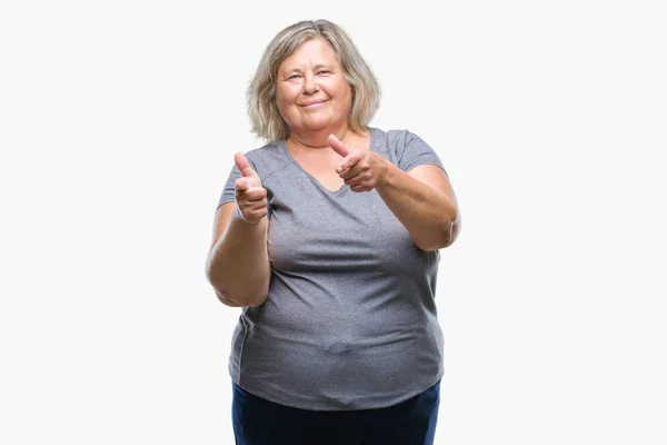 Senior Size Caucasian Woman Isolated Background Pointing Fingers Camera Happy — Stock Photo, Image