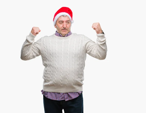 Hombre Mayor Guapo Con Sombrero Navidad Sobre Fondo Aislado Mostrando — Foto de Stock