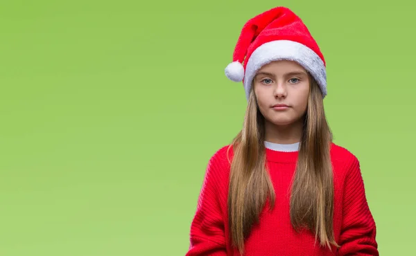 美しい少女の問題のため懐疑的な孤立した背景と神経質 渋面動揺クリスマス帽子をかぶっています 否定的な人 — ストック写真