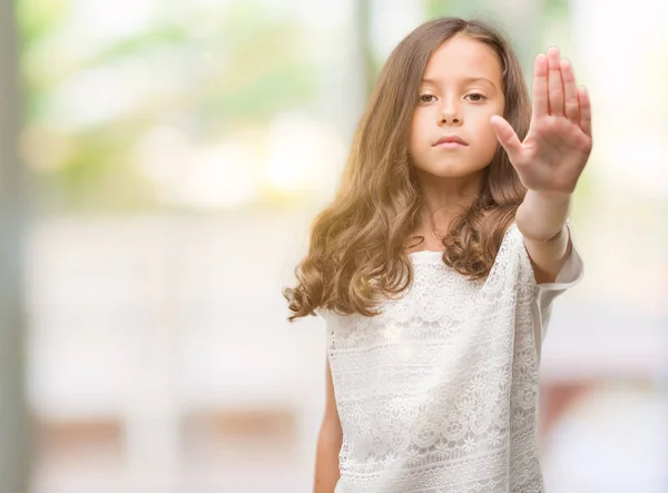 Brunette Hispanic Girl Doing Stop Sing Palm Hand Warning Expression — Stock Photo, Image