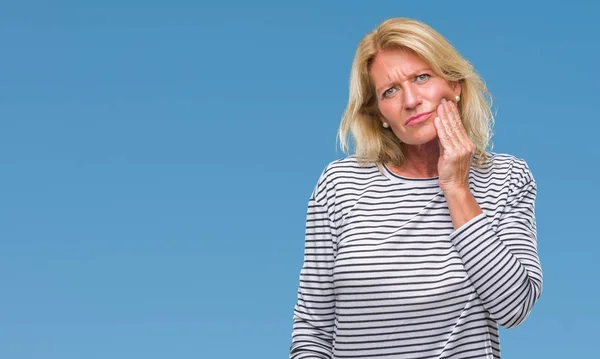 Middle Age Blonde Woman Isolated Background Touching Mouth Hand Painful — Stock Photo, Image