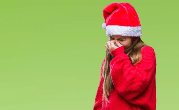Joven Chica Hermosa Con Sombrero Navidad Sobre Fondo Aislado Cansado — Foto de Stock