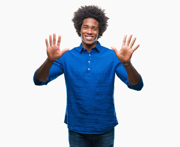 分離の背景表示と指で上向きにアフロ アメリカ人数 自信を持って 幸せな笑みを浮かべて — ストック写真