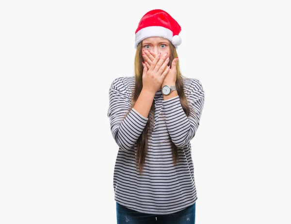 Young Beautiful Caucasian Woman Wearing Christmas Hat Isolated Background Shocked — Stock Photo, Image