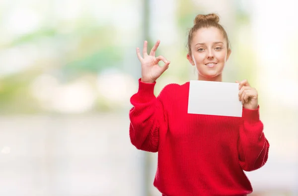 Junge Blonde Frau Mit Werbebanner Tut Zeichen Mit Fingern Ausgezeichnetes — Stockfoto