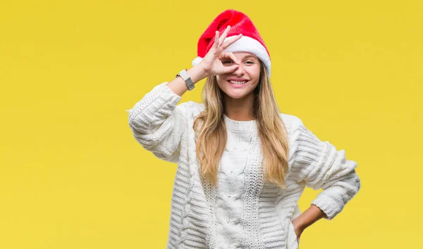 Jovem Bela Mulher Loira Vestindo Chapéu Natal Sobre Fundo Isolado — Fotografia de Stock