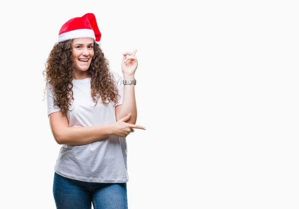 Chica Morena Joven Con Sombrero Navidad Sobre Fondo Aislado Con — Foto de Stock