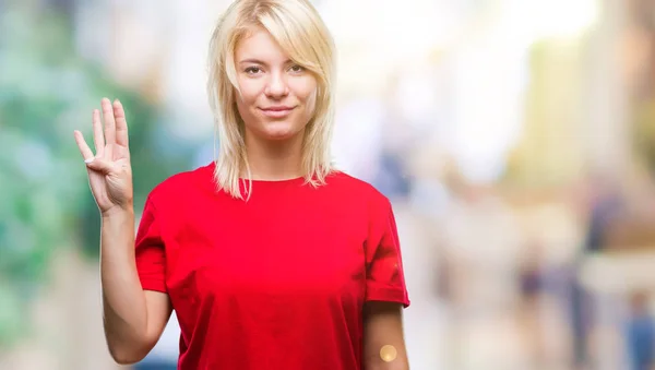 Jonge Mooie Blonde Vrouw Met Rode Shirt Geïsoleerde Achtergrond Weergeven — Stockfoto