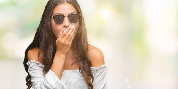 Young Beautiful Arab Woman Wearing Sunglasses Isolated Background Shocked Covering — Stock Photo, Image