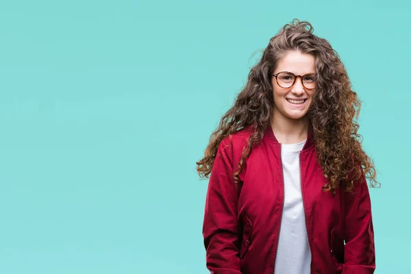 Mooie Brunette Krullend Haar Jong Meisje Jas Bril Dragen Geïsoleerde — Stockfoto