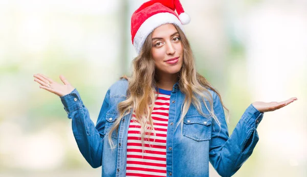 Mulher Loira Bonita Vestindo Chapéu Natal Sobre Fundo Isolado Sem — Fotografia de Stock