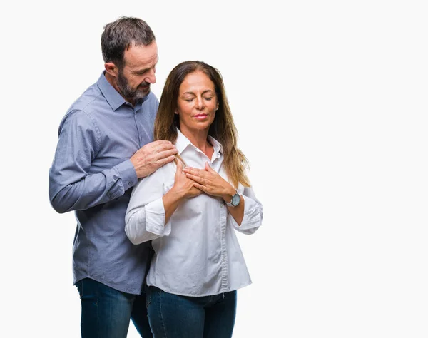 Casal Negócios Hispânico Meia Idade Sobre Fundo Isolado Sorrindo Com — Fotografia de Stock