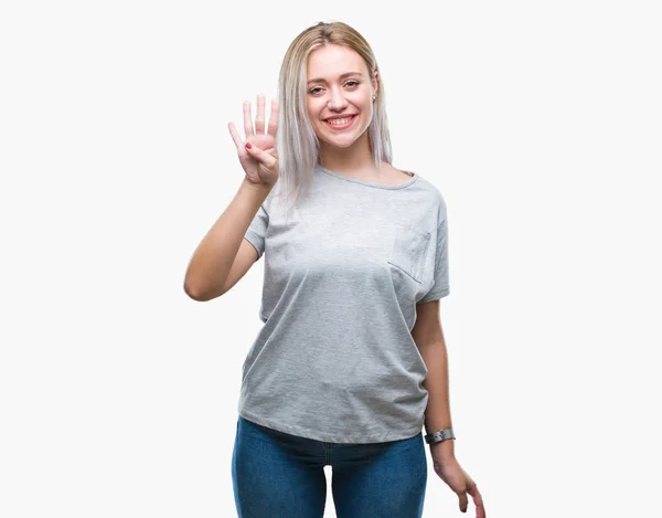 Młoda Blond Kobieta Białym Tle Wyświetlono Skierowaną Górę Palcami Numer — Zdjęcie stockowe