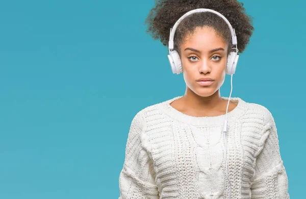 Jonge Afro Amerikaanse Vrouw Hoofdtelefoon Dragen Geïsoleerde Achtergrond Met Een — Stockfoto